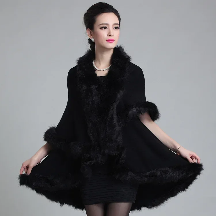 

Women's Faux Fox Fur Trim Poncho Shawl Luxurious Double-Layered Cape for Cozy Winter Fashion Multiple Color Options