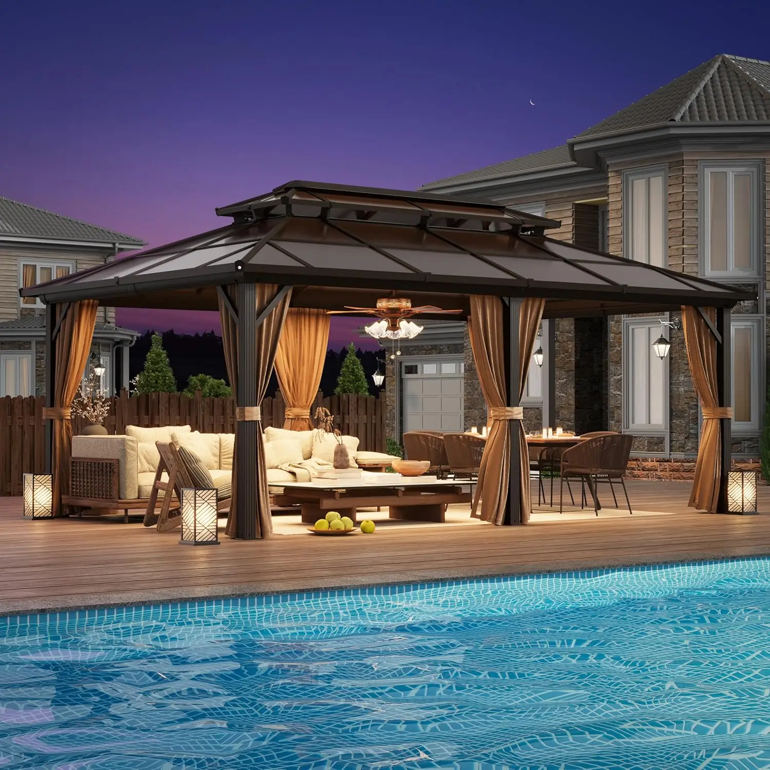 شرفة صلبة مقاس 12 × 20 بوصة، مظلة سقف مزدوجة من البولي كربونات الخارجية، إطار من الألومنيوم جناح دائم مع ستائر و #1