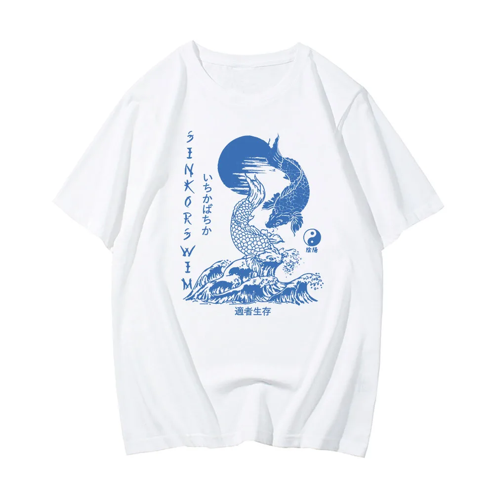 Koi Fish Japanese Style T Shirt Vintage Harajuku Streetwear Women Men T-Shirts Yin Yang Graphic Tshirt Aesthetic Clothing Cotton