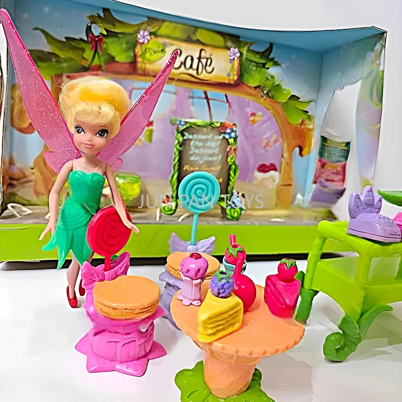 Disney Fairies Tink's Pixie Sweets Cafe Classic Movie Cartoon Girl Zestaw zabawek z 30 akcesoriami i 1 figurką lalki