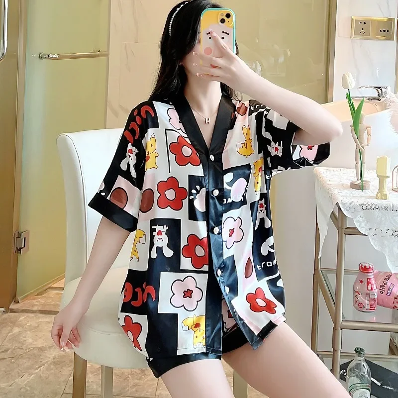 

Women's Silk Satin Pajamas Set Two-Piece Sleepwear Loungewear Button-Down Pajama Ladies Homewear Shorts Set Girl Sexy Nightwear
