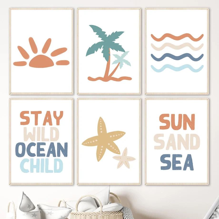 

Sun Coconut Tree Sailboat Starfish Surfer Baby Quotes Wall Art Posters Prints Nordic Canvas Painting Cartoon Pictures Kids Room