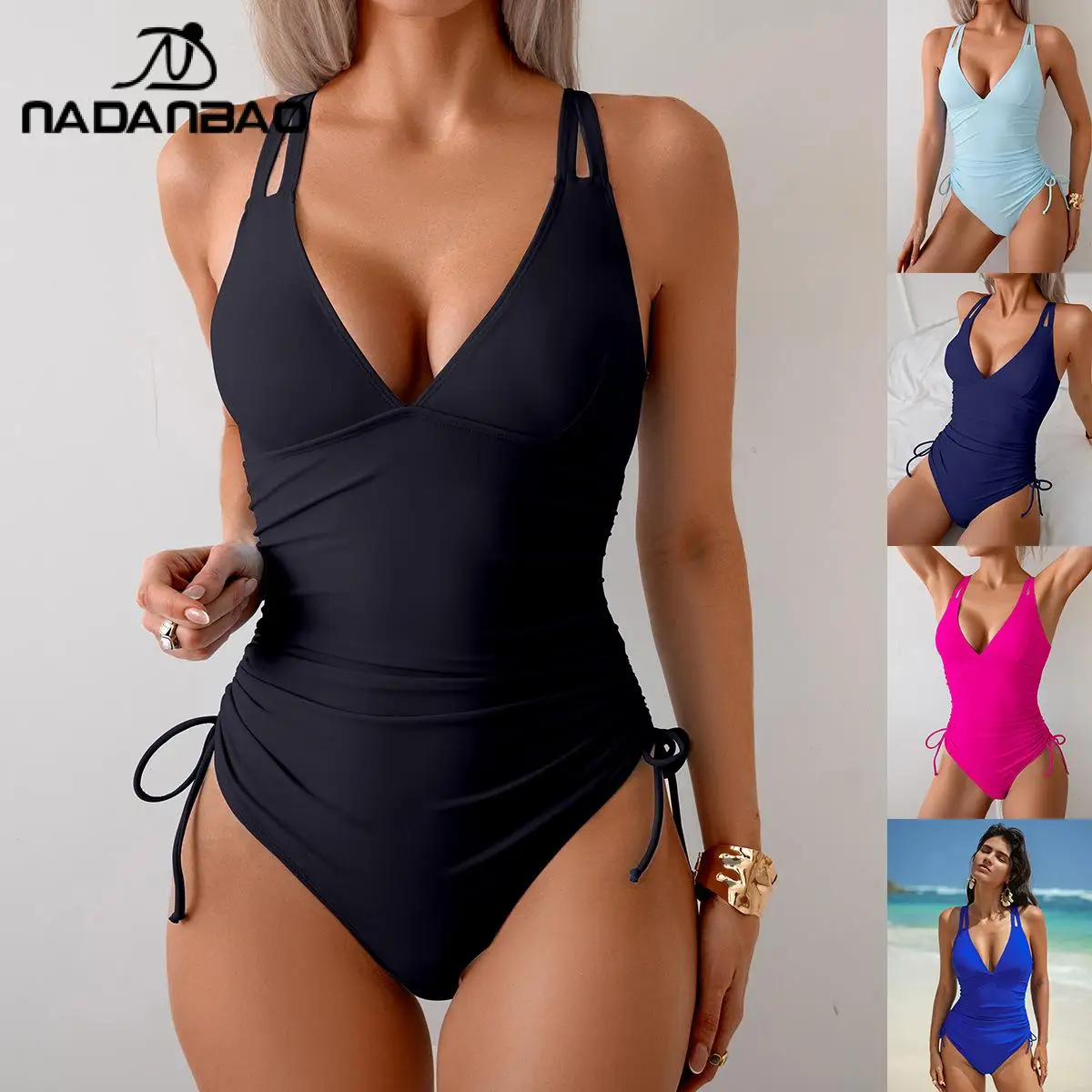 

Nadanbao Sexy Bikini New Drawstring One-piece Bikini Solid Color Sleeveless Backless Bikini Women Swimsuit Pool 2025 Summer