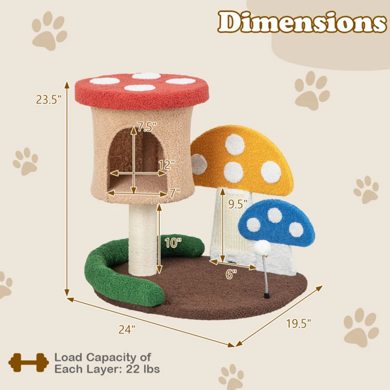 Stable Wooden Structure Cartoon Mushroom Shaped Sisal Post Scratching Board Pet Cat Tree Toy 4-In-1 Cat Tree with Condo Platform