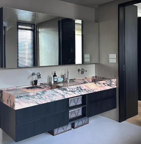 Polished Drainer Bathroom Countertop Easy Clean Hotels Hospitals Modern Luxury Pink Natural Marble Vessel Stone Wash Basin Sink