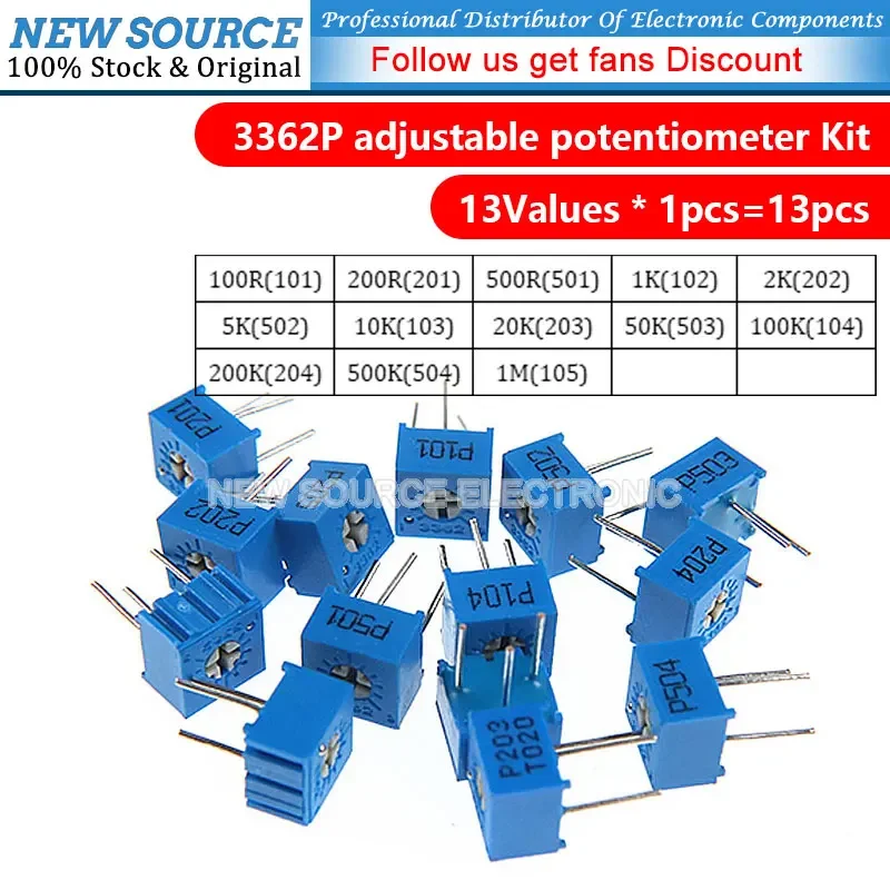 13pcs = 13kinds * 1pcs 3362P Adjustable Potentiometer Kit Contains 100R 200R 500R 1K 2K 5K 10K 20K 50K 100K 200K 1M NEWSOURCE