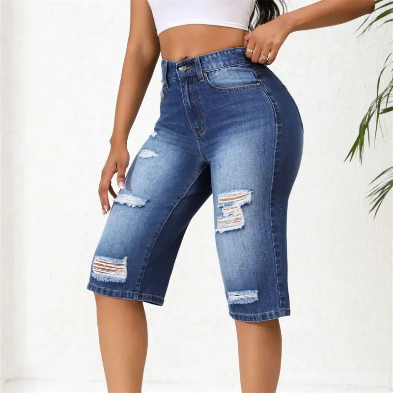 Women Vintage Straight Seven-quarter Length Trousers Summer Daily Casual Mid-length Jeans Female Broken Holes Short Denim Pants