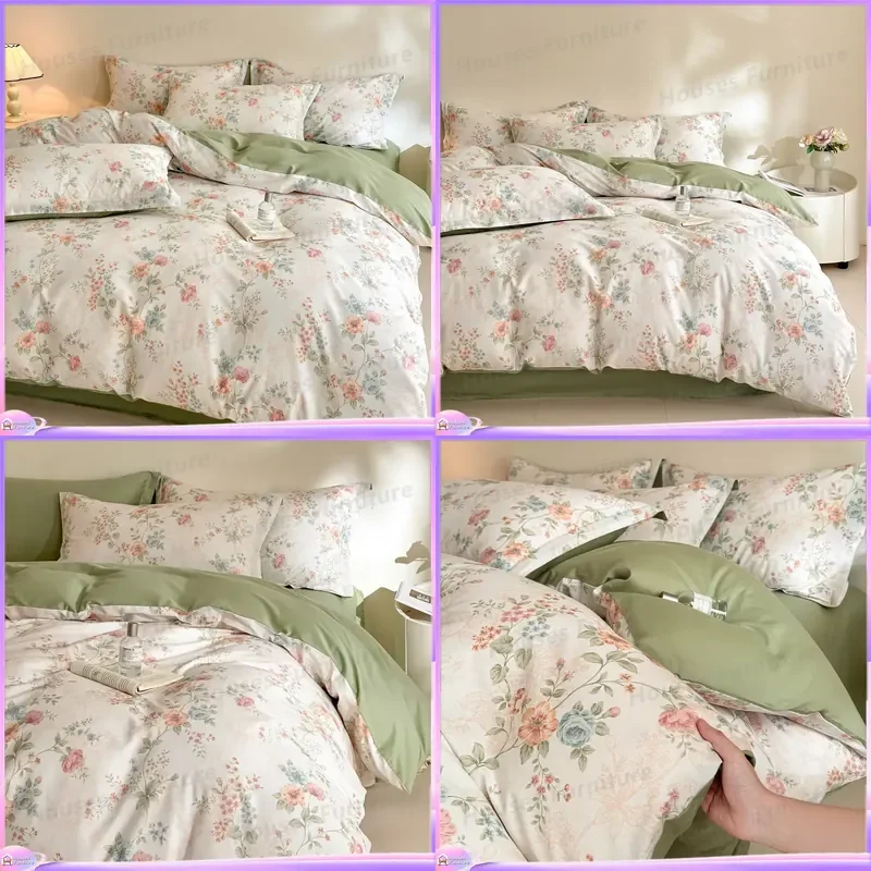100% cotton floral bed four-piece set ins small fresh pure cotton bed sheet quilt cover Class A student dormitory three-piece
