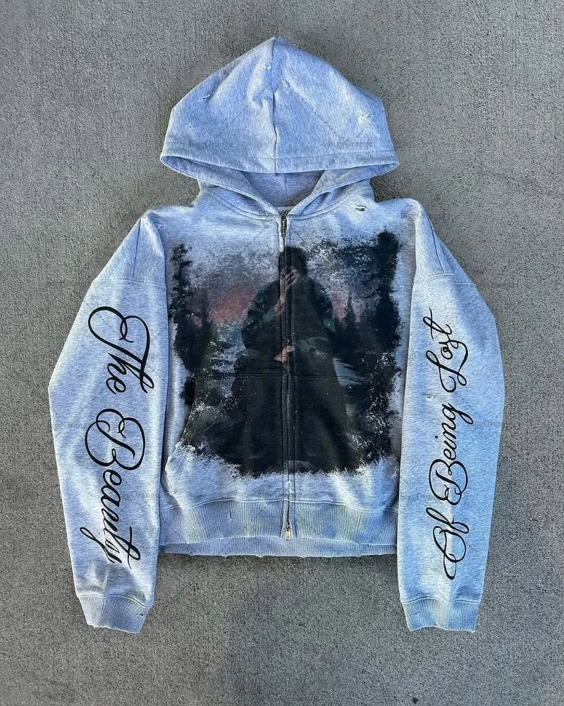 2025 شارع العليا الأمريكية الرجعية الشارع الشهير الرجال القوطية Harajuku رسالة سحاب مطبوع هوديي العصرية الشرير Y2K البلوز فوق الجانب #6