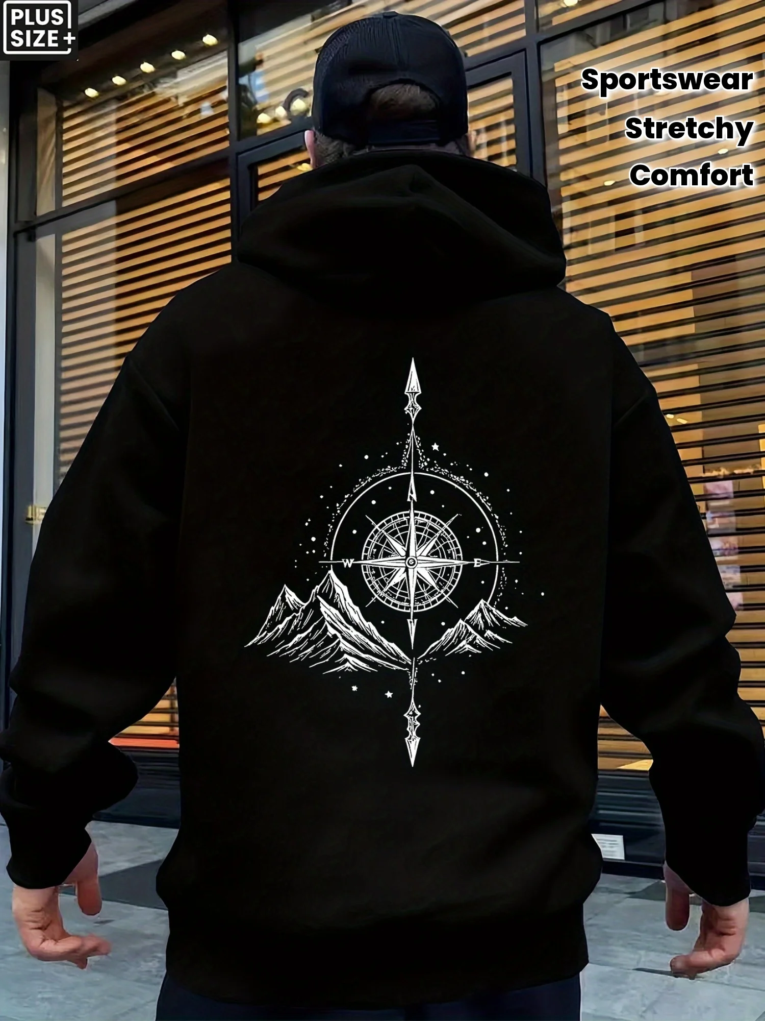 

Men's Hoodie - Pullover with Adventure Patterns, Compass Rose and Mountains - Black and White Outdoor Adventure Sweatshirt
