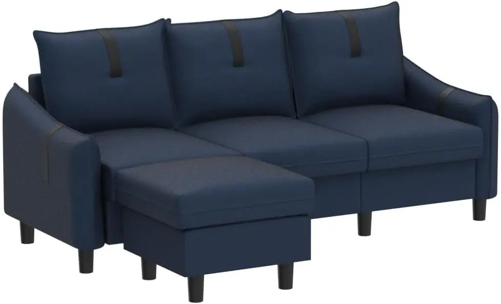 

80" Convertible Sectional Sofa, 3-Seat L Shaped Couch with Ottoman, Modern Linen Upholstered Sofa Couches for Living Room, Blue