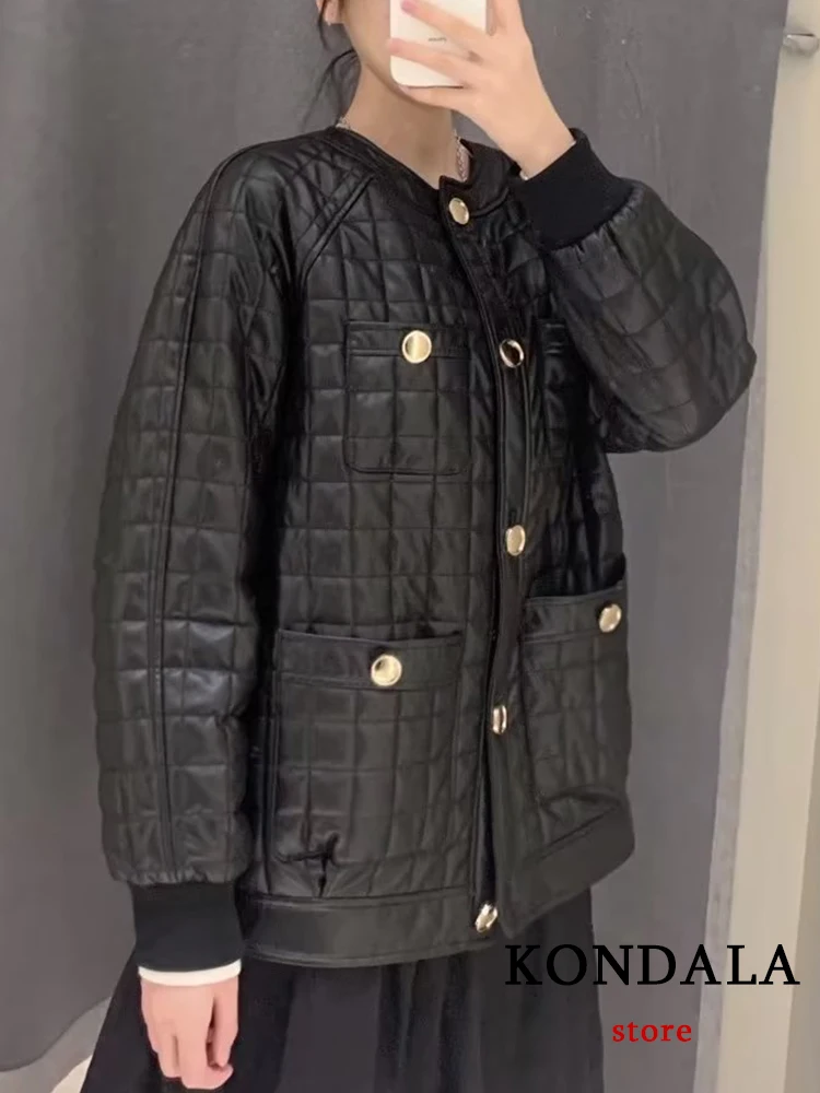 Imagem -03 - Kondala-jaqueta Xadrez de Manga Comprida Feminina Streetwear de pu Botão Preto Legal Rua Alta Outwear Casual Moda Vintage Outono 2023