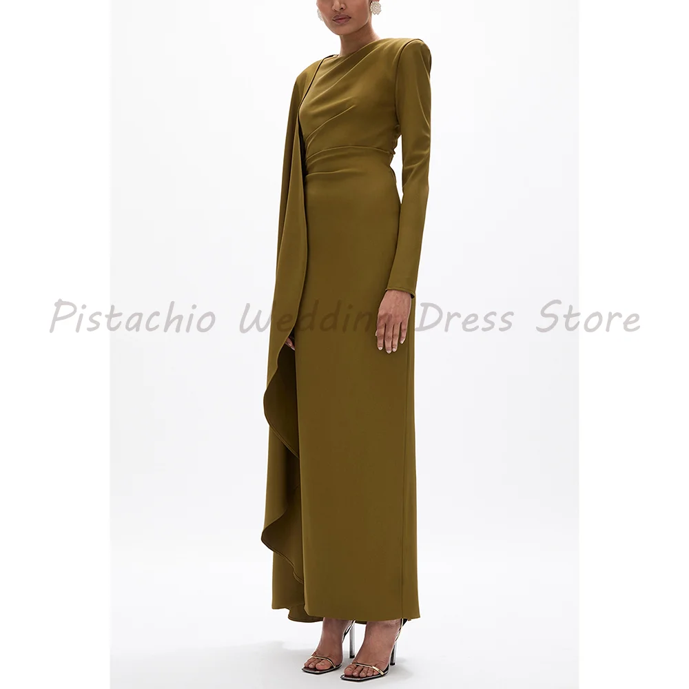 Vestido de Noche Midi Verde Oliva con Cuello Drapeado, Hombros Acolchados, Manga Larga, Cola Lateral y Estilo Bodycon para Invitadas de Boda