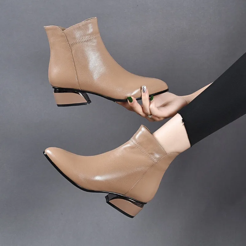 

New Women's Ankle Boots Elegant Square Heel Shoes Woman Chunky Heels Booties Winter Shoes Female Pointed Toe Fashion 2025 Simple