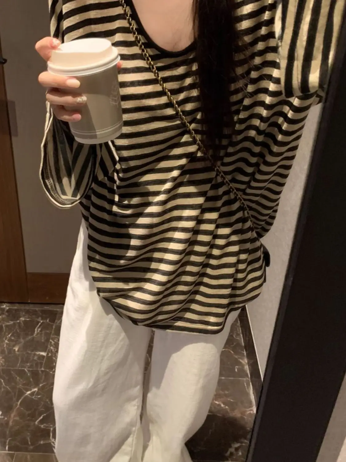 Slimming Stripe Long Sleeve T-Shirt Women's Loose Lightweight Summer Casual Top U-Neckline Korean Style Commute Fashion