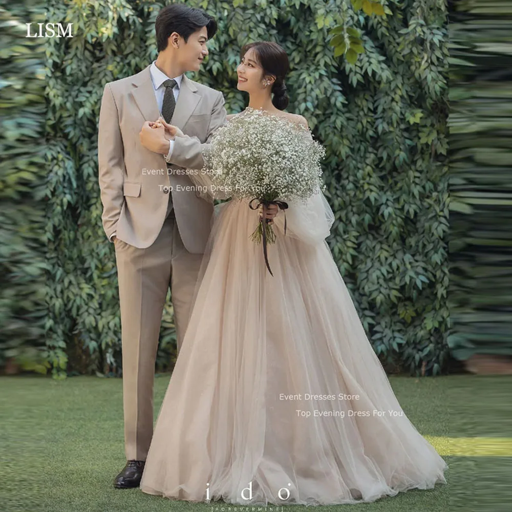 LISM Fairy Tulle abiti da sposa a-line lunghezza del pavimento abiti da ballo maniche con spalle scoperte abiti da sposa abiti da sposa corea foto