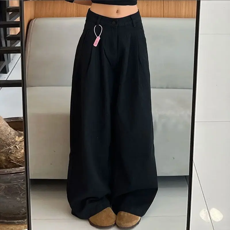 New Black Wide-leg Jeans Women in Summer High-waist Solid Color Versatile Loose Lazy Style Retro Straight Pants