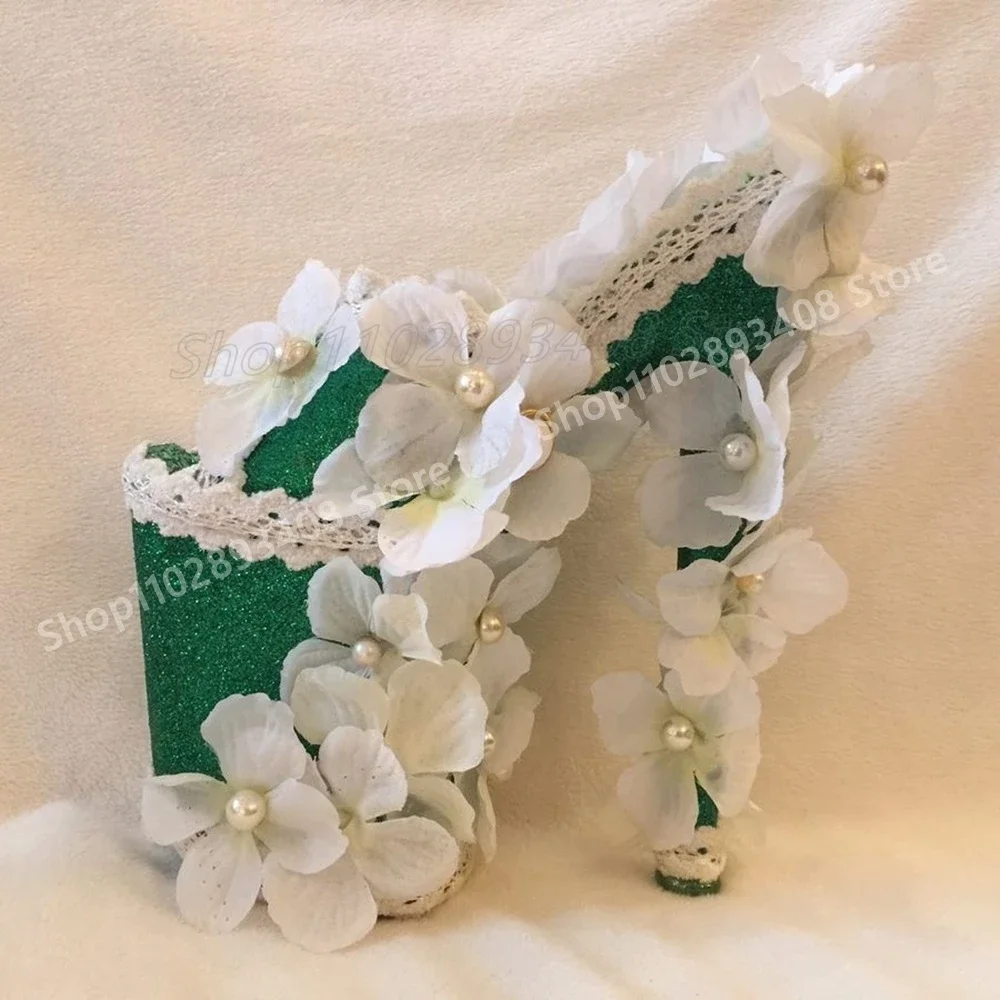 

White Flowers Decor Peep Toe Slippers Green Glitter Pearl Stiletto High Heel Fashion Women Shoes 2025 Summer Zapatos Para Mujere