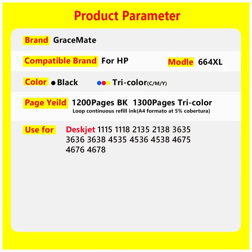 GraceMate Cartucho 664XL Compatible for HP 664xl hp664 Ink Cartridge for DeskJet 2675 2676 2677 2678 1115 1118 2135 2138 Printer