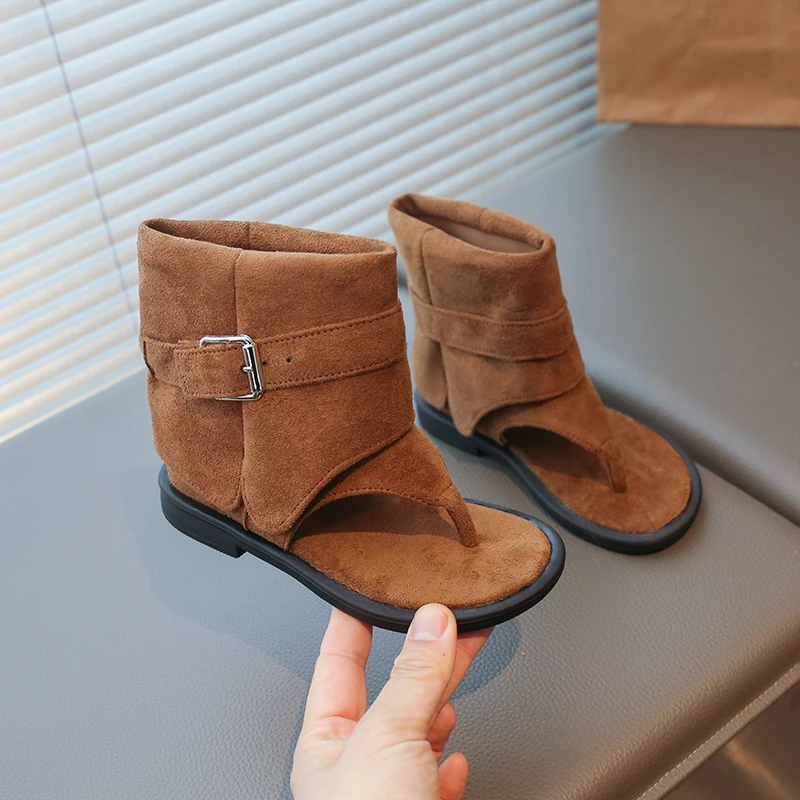 Toddler Girls Gladiator Ankle Boots Sandals with Buckle 2026 New Summer Kids Suede Leather Sandals Soft Sole Ethnic Style Shoes
