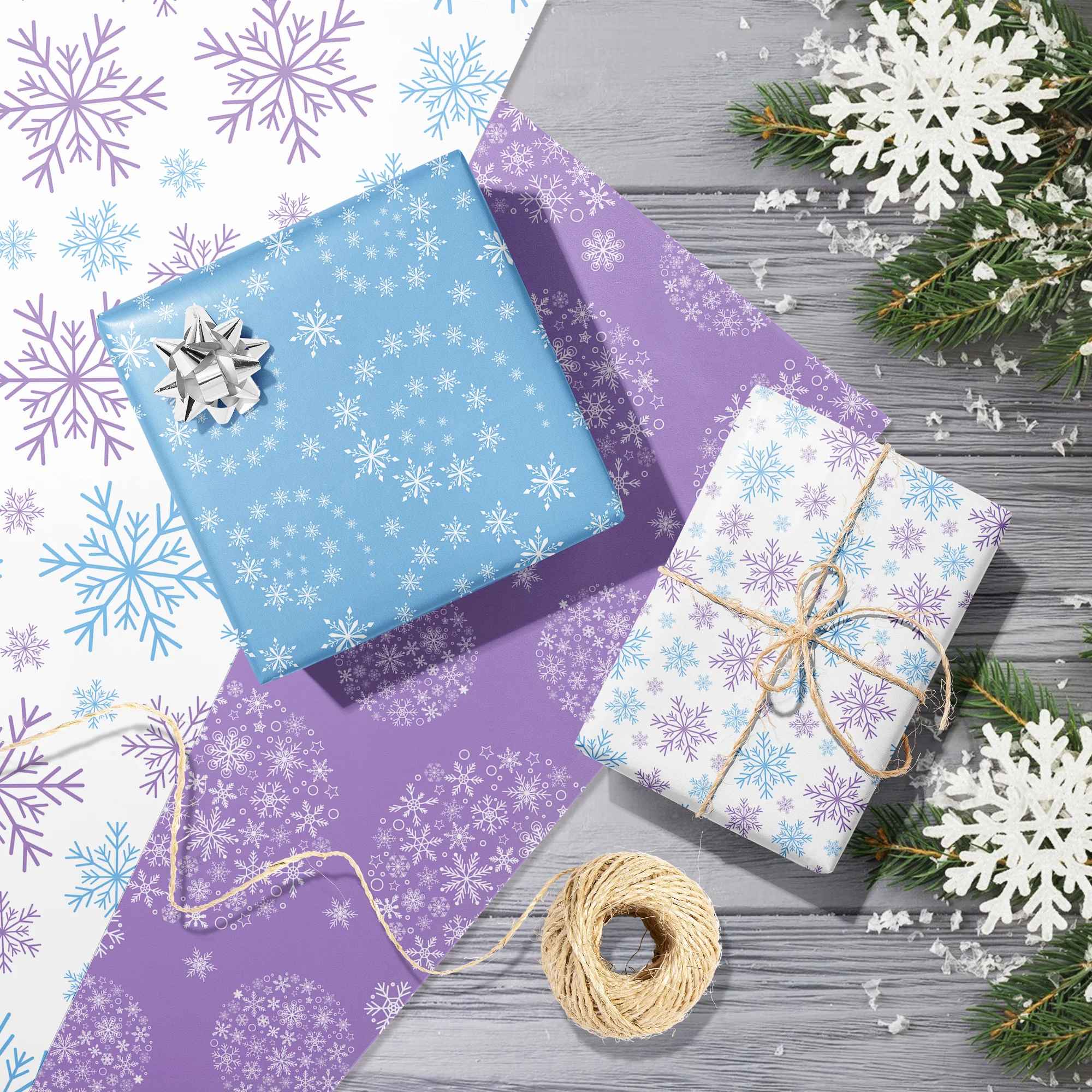 12pcs Snowflake Purple Theme Wrapping Material Paper Xmas Party Gifts Decorative Packing Craft Papers