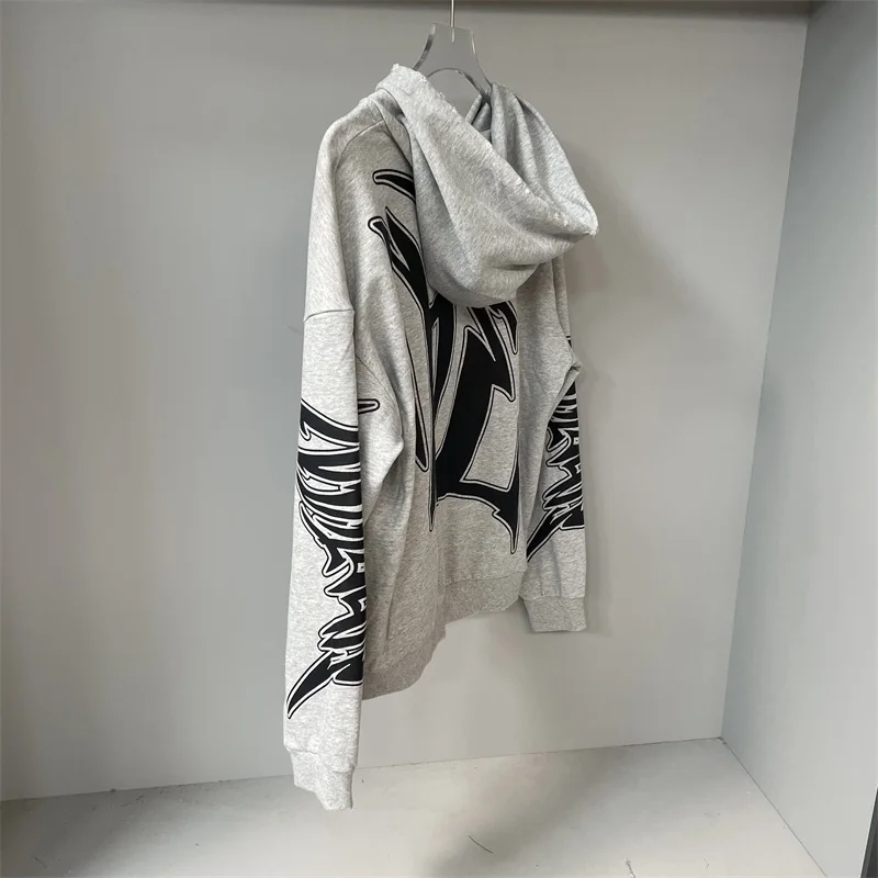 MIXED EMOTION Grey Hoodies Men Women Letter Logo Printing Oversized Zipper Sweatshirt One Day Shipped Out