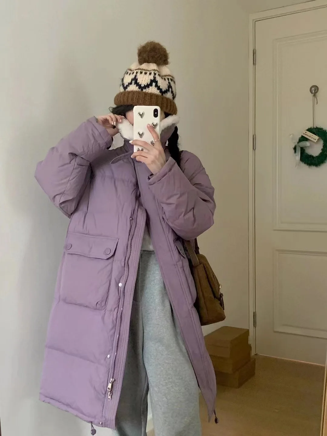 

Fashionable imitation lamb's wool lapel warm 90 duck down jacket slim mid-length Korean version of the big pocket jacket
