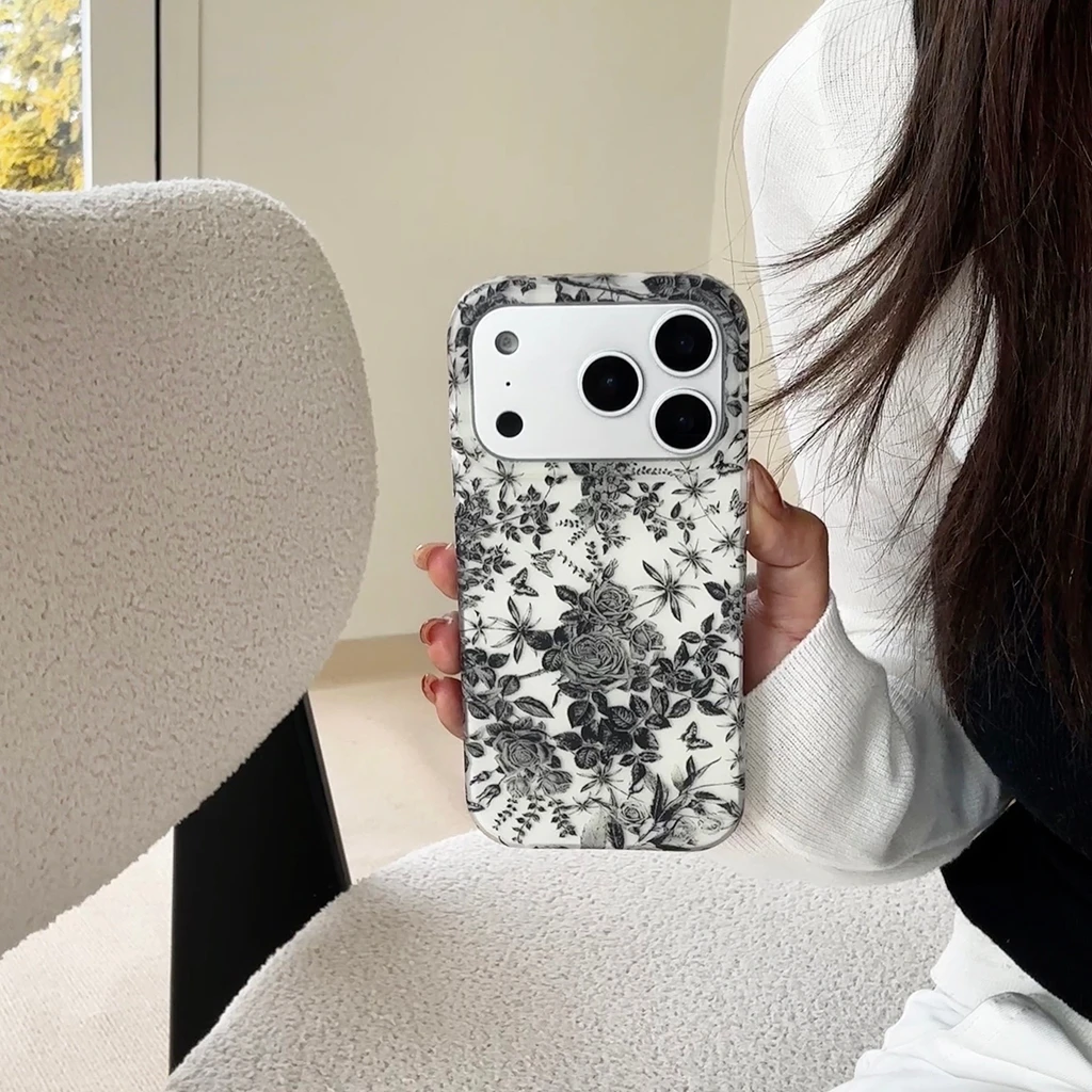 الحد الأدنى الفن أسود أبيض طلاء حبر خط الزهور للصدمات واقية غطاء الهاتف القضية آيفون 17 16 15 14 برو ماكس