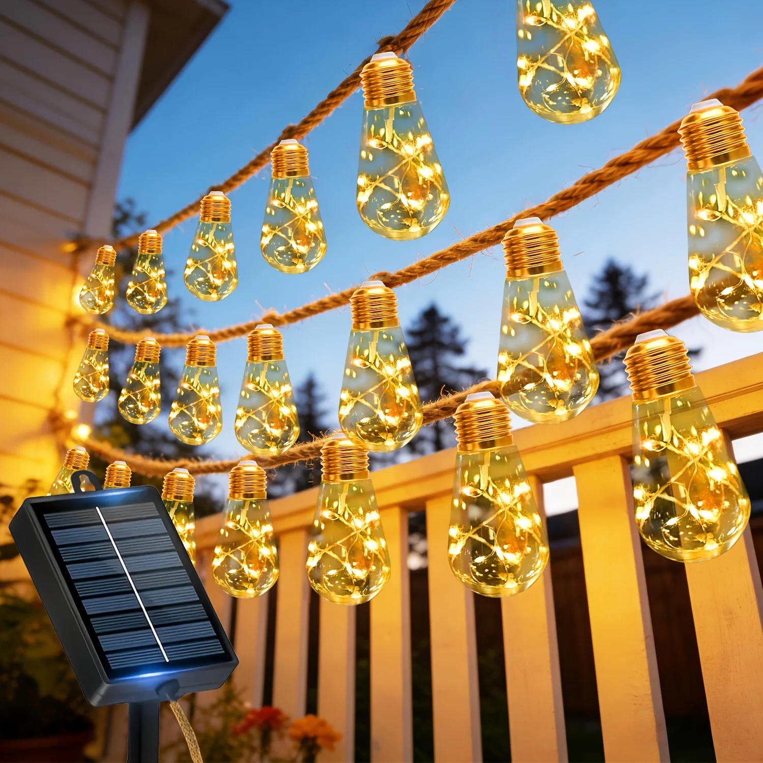 Solar-Powered Retro Hemp Rope String Lights - Smart Auto On/Off + 3 Light Colors (White/Warm/Colorful) for Garden Magic!