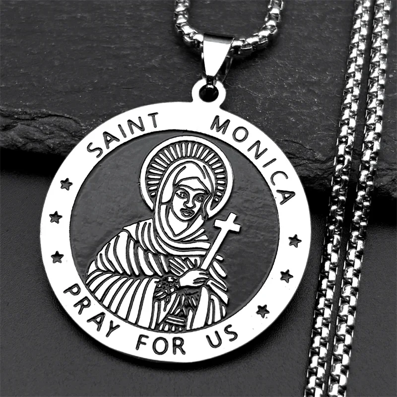 Catholic SAINT MONICA PRAY FOR US Pendant Necklace for Women Men Stainless Steel Silver Color Religion Medallion Chain Jewelry