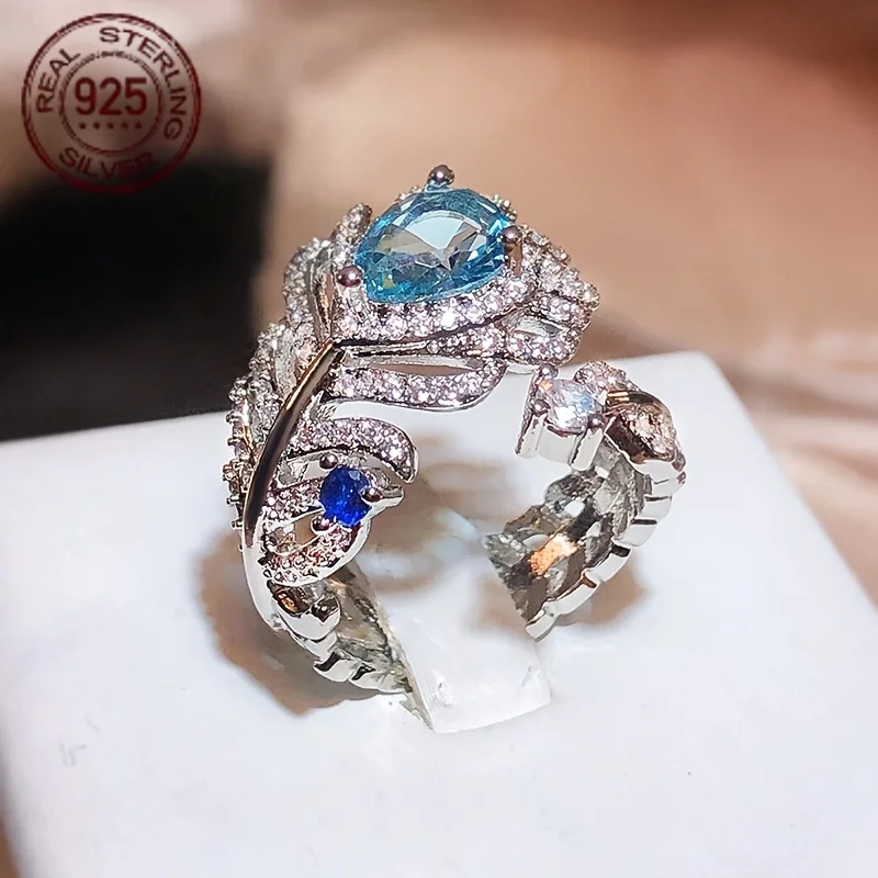 

Fashion Vintgae Blue Zircon Feather Ring Opening Adjustable Women's 925 Sterling Silver Wedding Ring Party Jewelry
