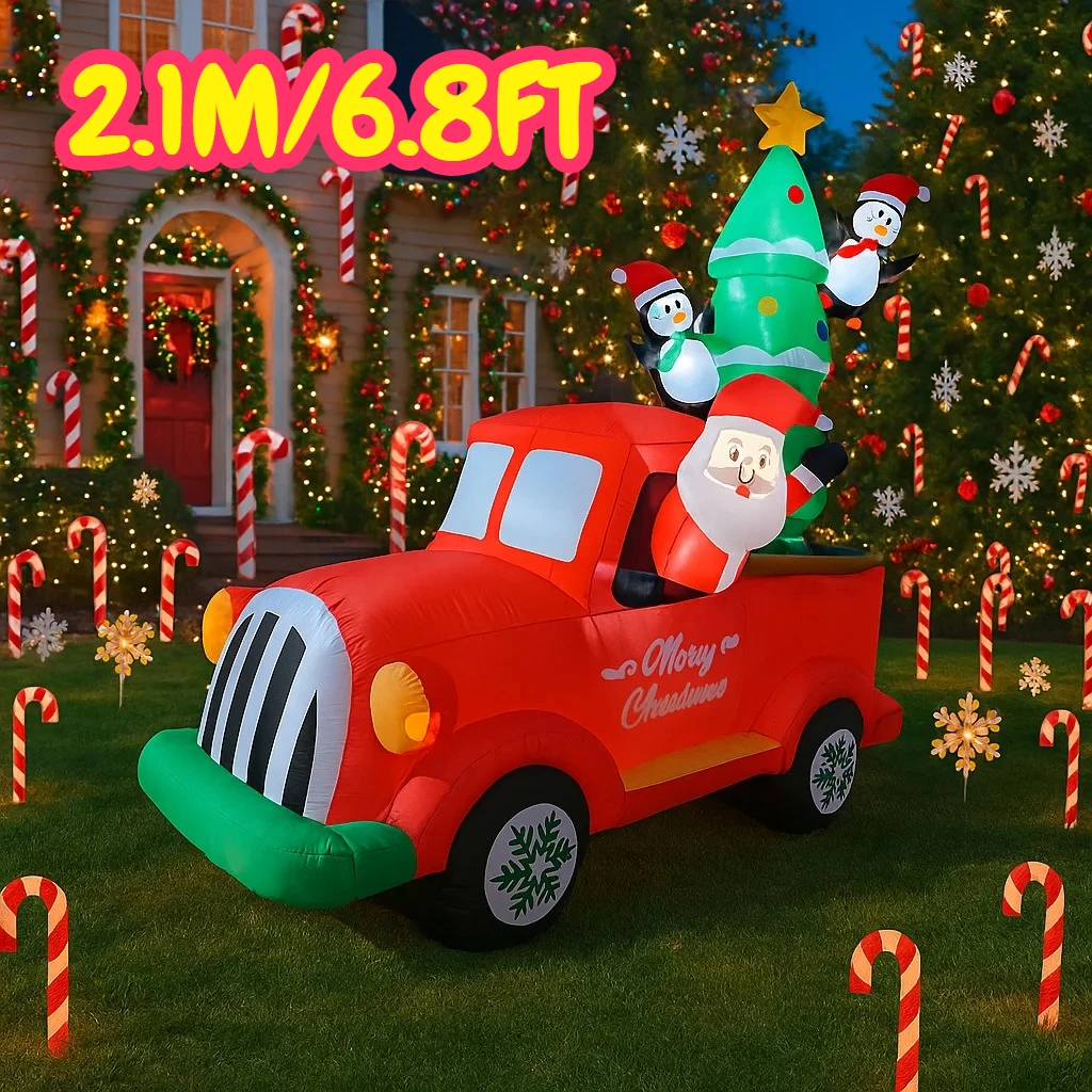 2.1M/6.8FT Inflatable Santa Claus Truck with Penguin Christmas Tree Lights LED Home Decor Toys Yard Xmas Holiday Lighting Decor