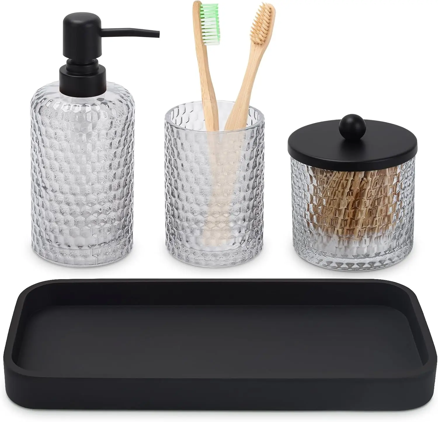 

4-Piece Clear Glass Bathroom Set with Resin Tray: Soap Dispenser, Toothbrush Holder, Q-tip Jar & Organizer