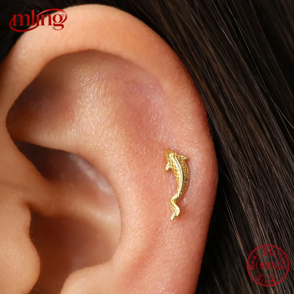 

MLING 1PC 925 Sterling Silver Animal Fish Carp Shark Series Piercing Earring Women 18K Gold Plated Niche Summer Beach Jewelry