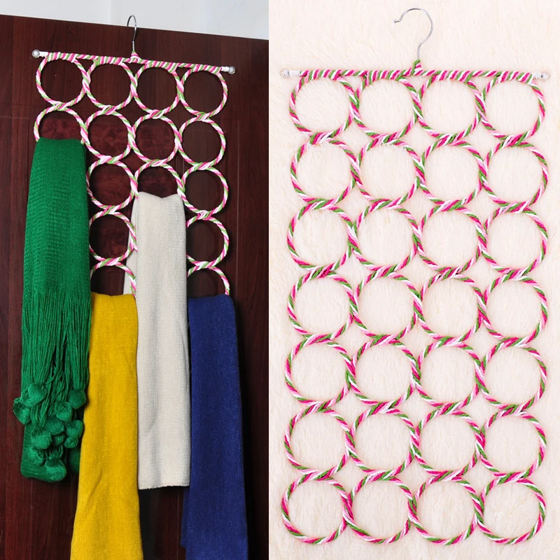 28/12 Holes Scarf Holder Foldable Tie Belt Hanger Hooks Shawl Scarves Rattan Weave Display Rack Wardrobe Space Organizer