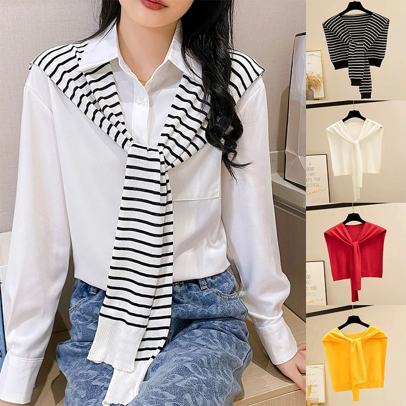 Korean Striped Knitted Warm Shawl Winter Female Blouse Shoulders Fake Collar Cape Knotted Scarf Stripe Outerwear