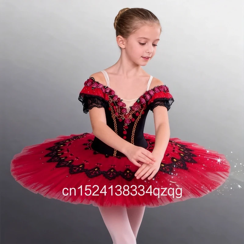 

New Red Swan Ballet Dance Performance Lace Puffy Skirt Stage Play Sweet Strap V-neck Ballet Dance Practice Competition Dress