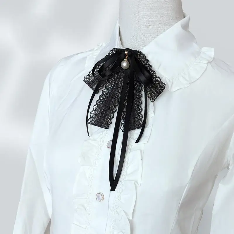 Hot Sale Women's Black Lace Ribbon Bow Pearl Pendant Brooch Necklace Clothes Necktie Decor Accessories