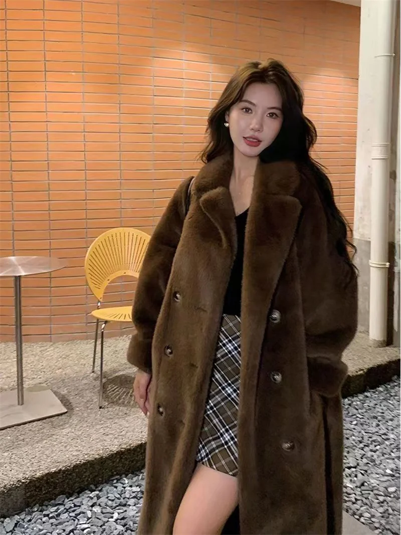 

S-XL Women Faux Mink Fur Long Trench Winter Thick Keep Warm Turn-down Neck Street Outer Wear Loose Thicken Cardigan Coat