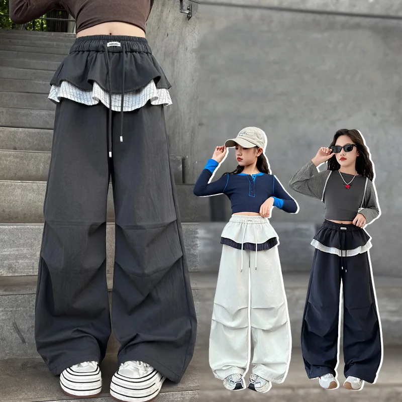 Kids Autumn Cargo Pants Tween Girls Streetwear Long Trousers Teenage Sweatpants With Fake Skirt Decoration Children's Trackpants