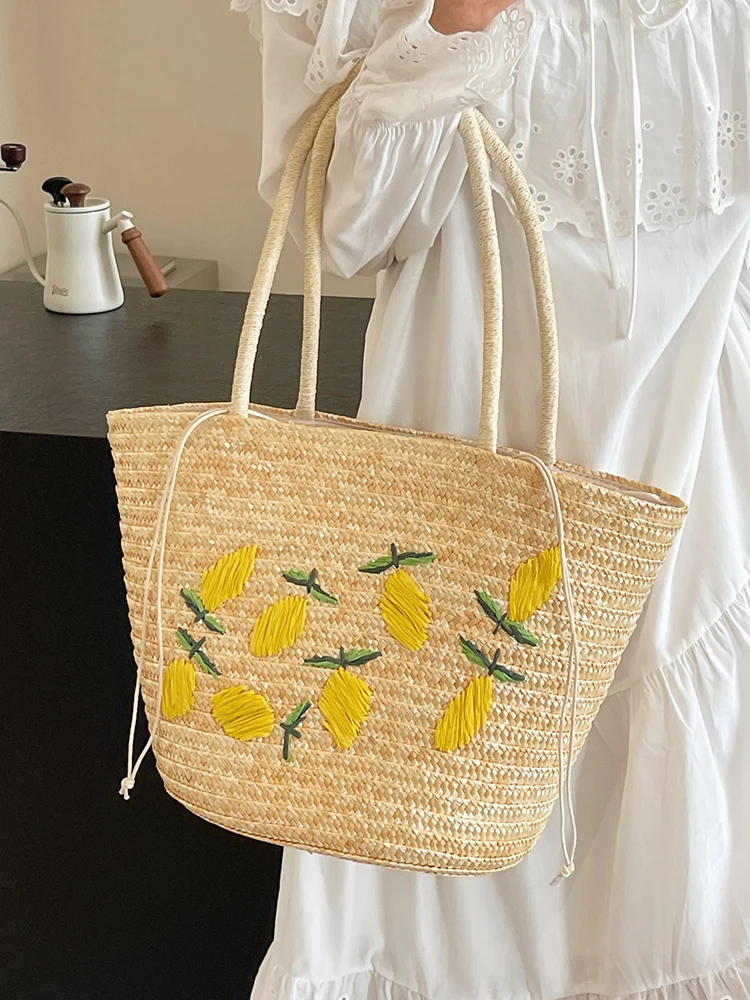 Large Capacity Straw Casual Women Shoulder Bags Fashion Embroidery Weave Ladies Underarm Bag Simple Travel Beach Female Handbag