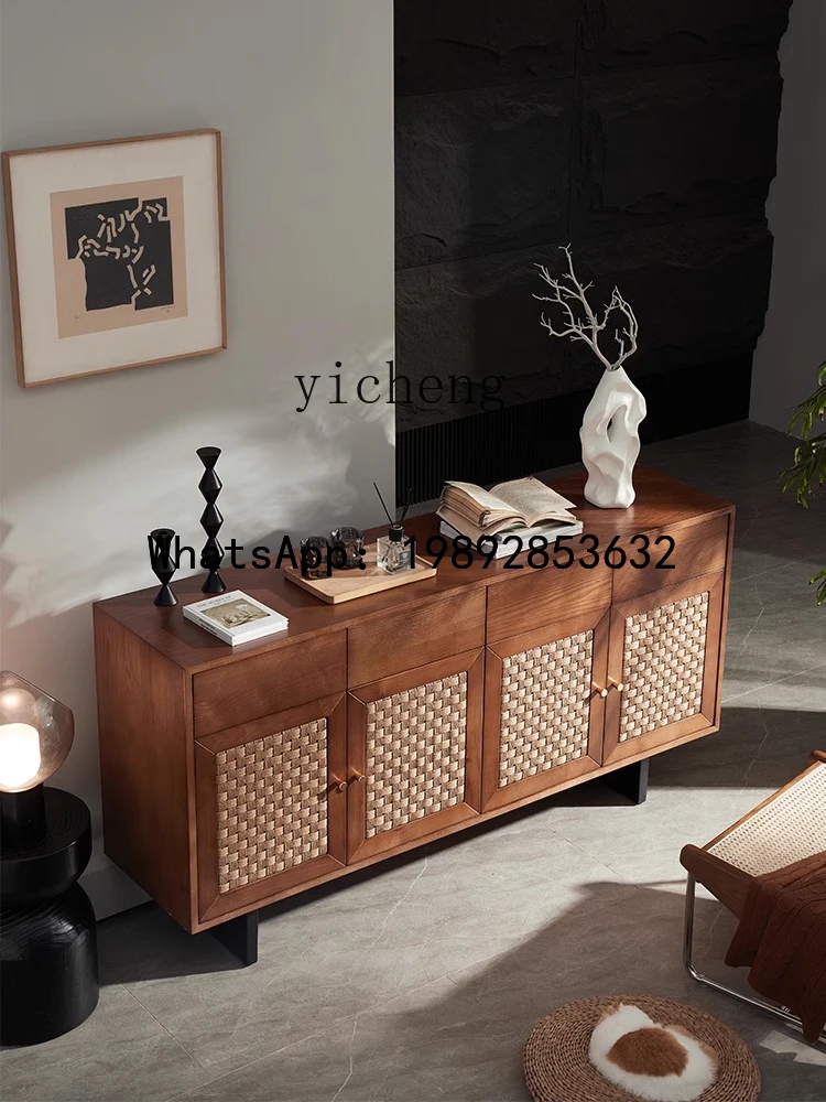 Solid Wood Dining Side Tea Cabinet Meal Storage Cabinet Rattan Living Room Entrance Entrance Cabinet