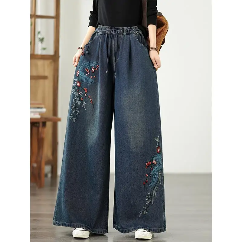 

Женские джинсы в этническом стиле с вышивкой в стиле ретро, осень 202, эластичные джинсовые брюки, повседневные широкие брюки большого размера