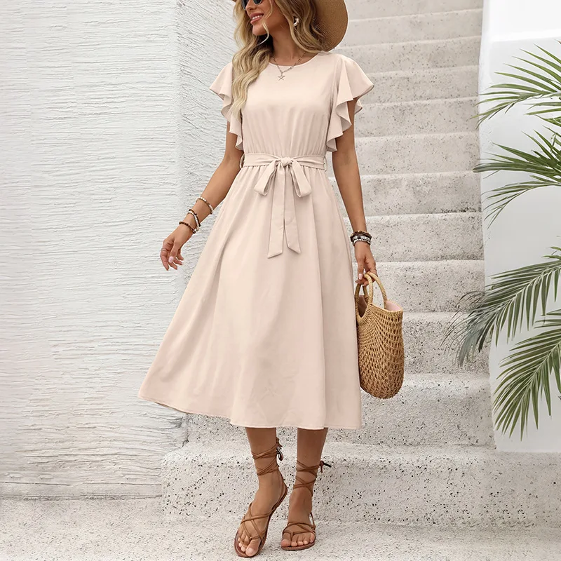 

2026 Summer Casual Women Beige Midi Dress Ruffled Sleeve Lace Up Waist Vacation Long Dress