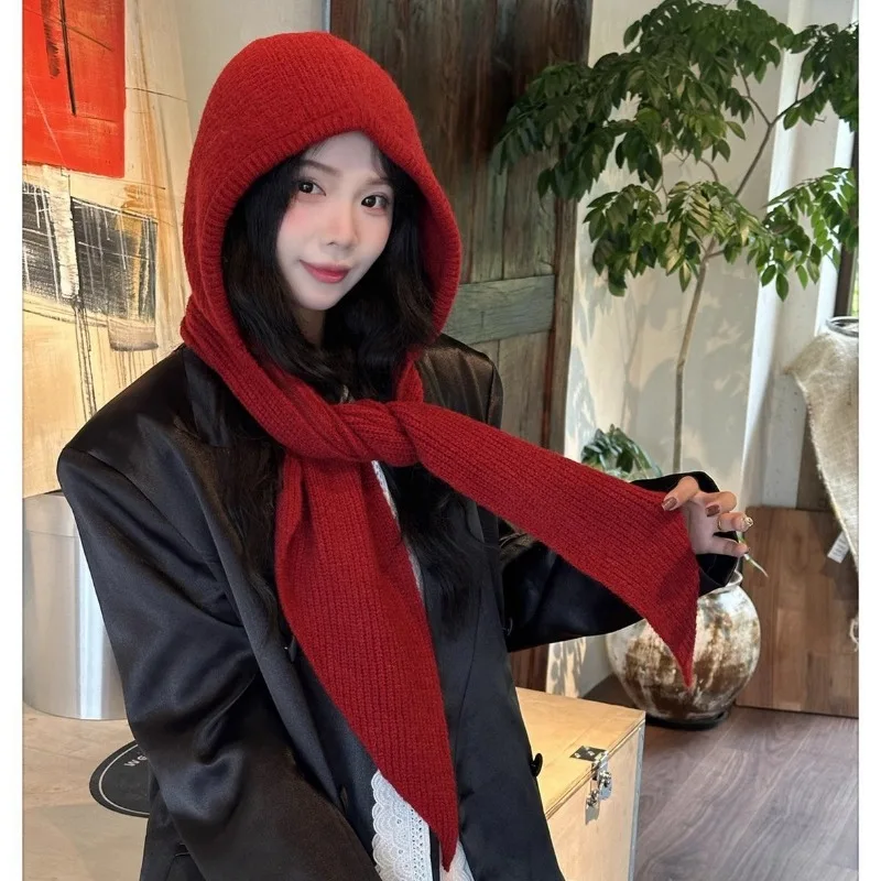 2026 Women's Autumn Winter New Solid Knit Hat Scarf 2-in-1 Thick Warm Neck Warmer Wrap