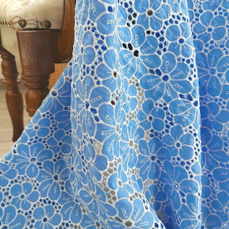 

High Quality Blue 100% Cotton Hollow Embroidery Lace Fabric Handmade DIY Clothes Accessories Width 135 Sold by Meters