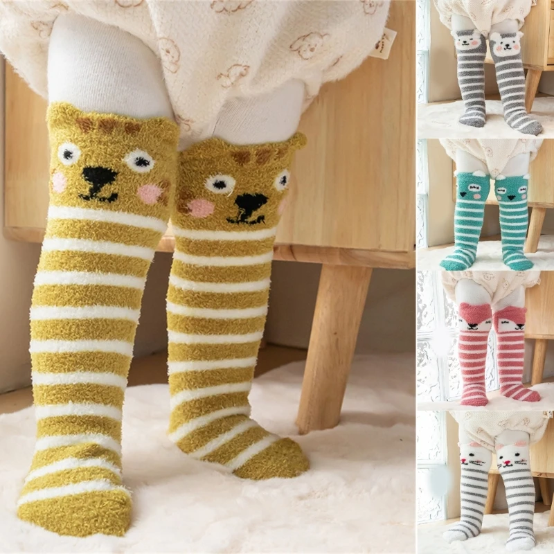 Baby Striped Long Stockings Warm Socks for Winter Autumn Stylish Cartoon Pattern Over the Knee Socks for Cold Day