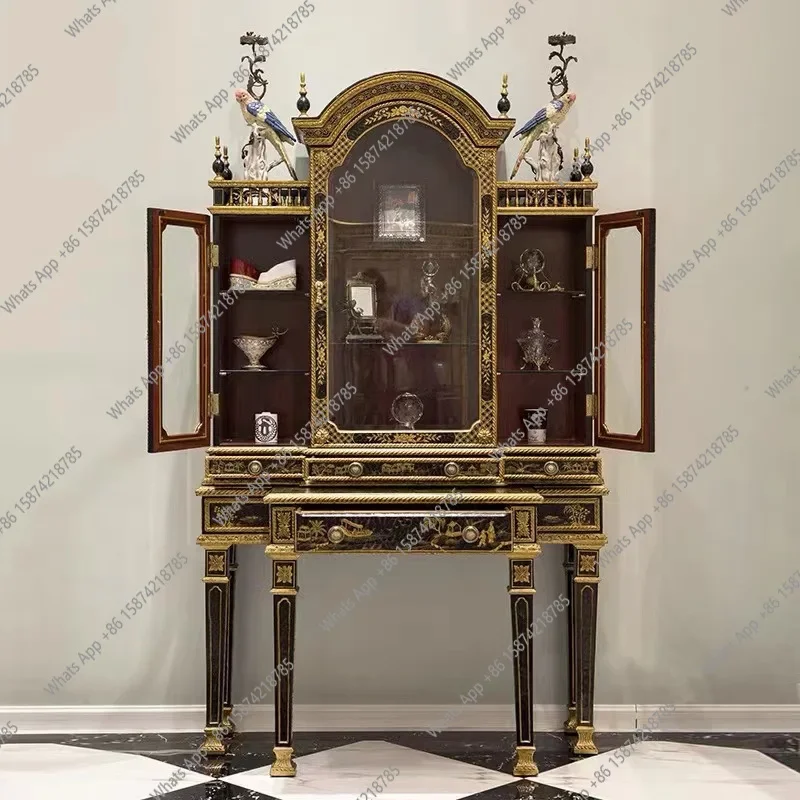 Xx European Retro Old Hand-painted Birch Solid Wood Crack Black Writing Desk Display Cabinet