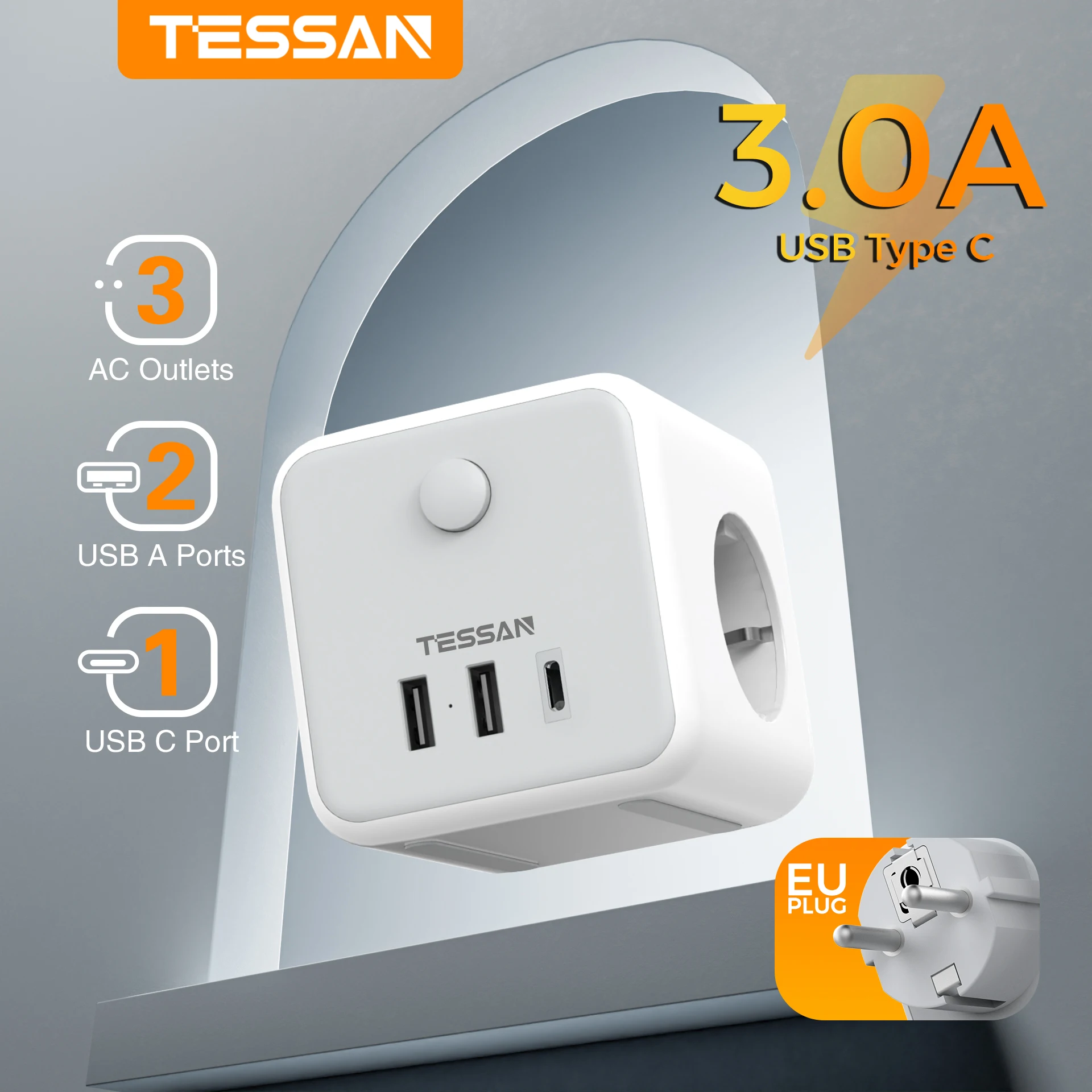 TESSAN Multiple Wall Socket Extender with Switch 3 Outlets 3 USB Ports Portable Cube Multi Socket Power Adapter for Home Travel