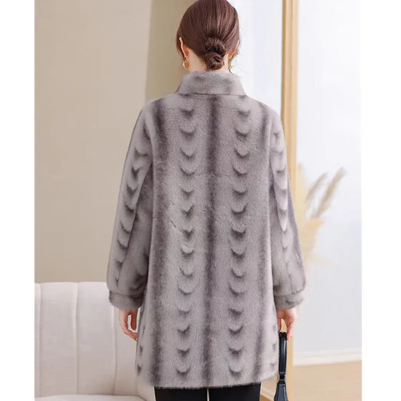 2025年冬新作 ファー一体型ミンクファーコート ファッション 中高年女性向け ミディアム丈 厚手フェイクファーコート レディースパーカー オーバーコート